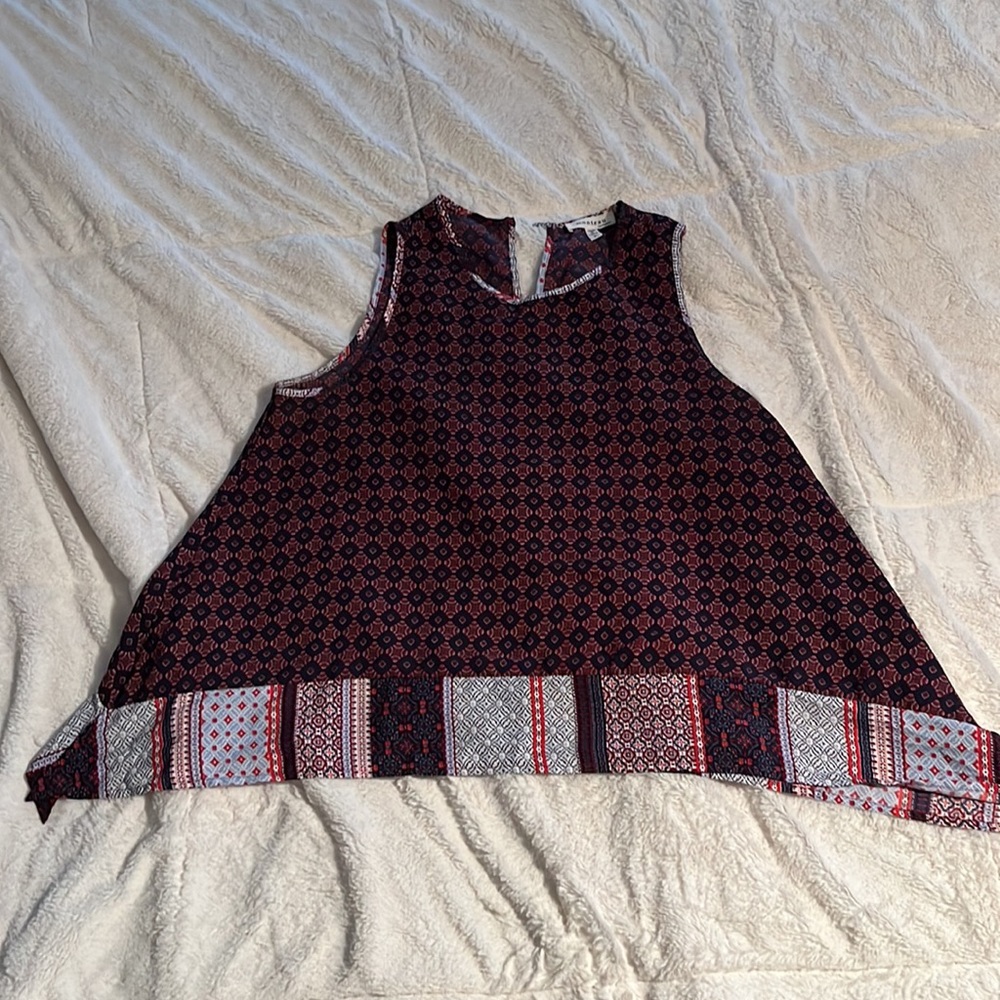 Super cute printed tank - flare bottom - high neck with button in back - Size L